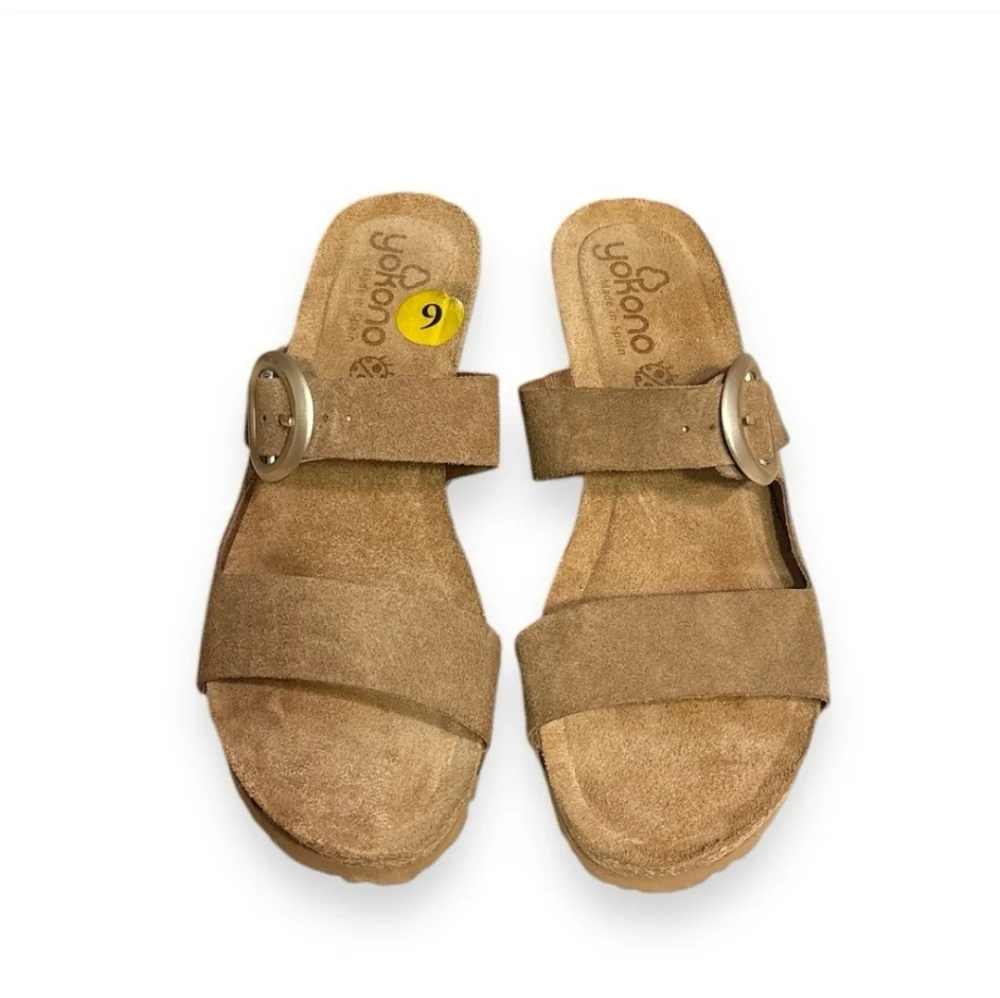 YOKONO Suede Two Strap Cork Wedge Sandals